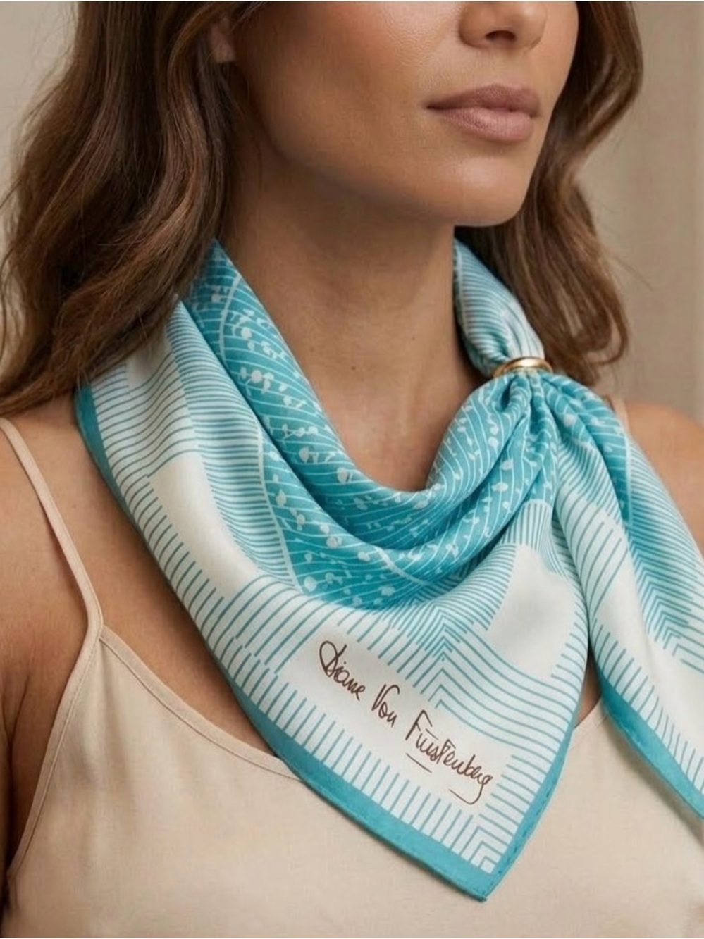 Diane Von Furstenberg Turquoise & Cream Geometric Scarf